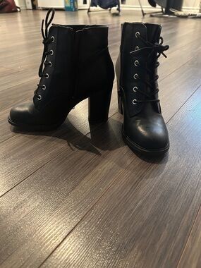 Call It Spring Black Lace-Up Chunky Heel Ankle Boots